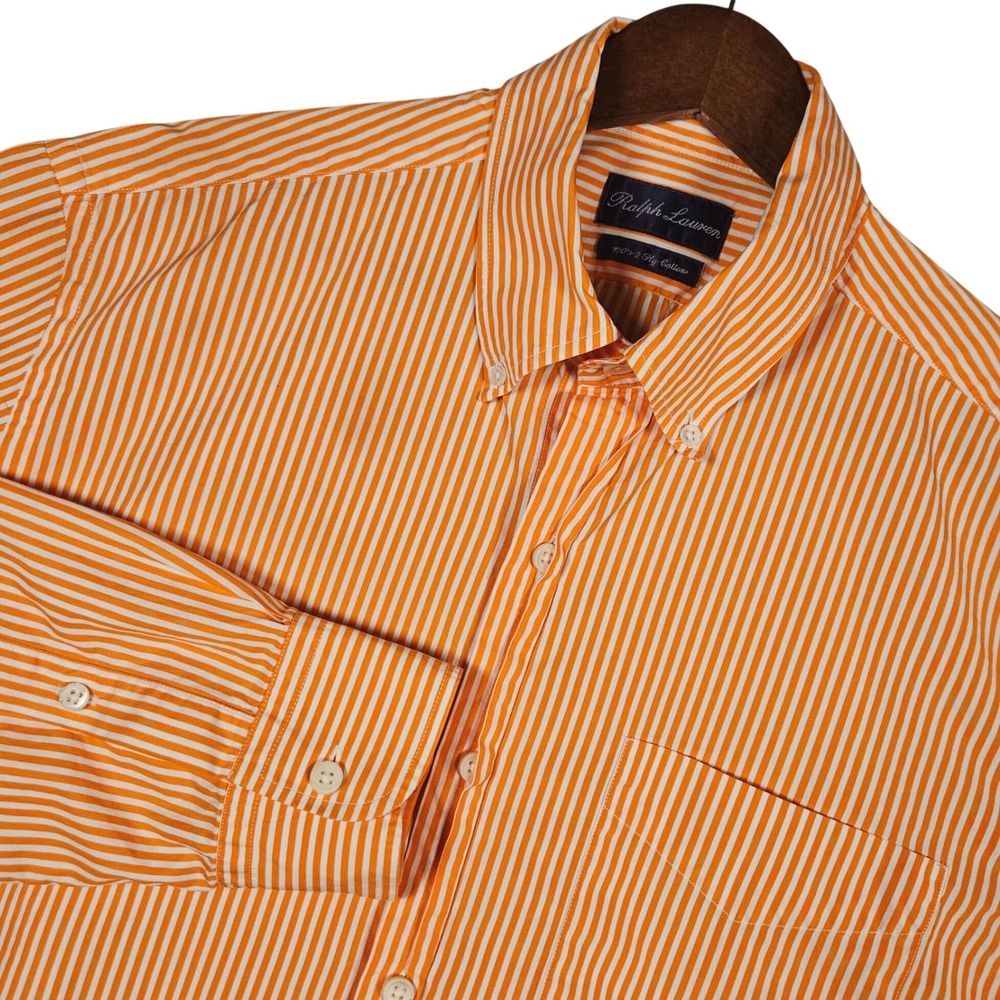 Ralph Lauren Purple Label Mens 16 Orange Striped Button Down Shirt Luxury Cotton